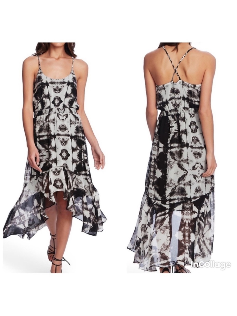 ✅ NWT 1.STATE Tie Dye High/Low Black Multi Dress L